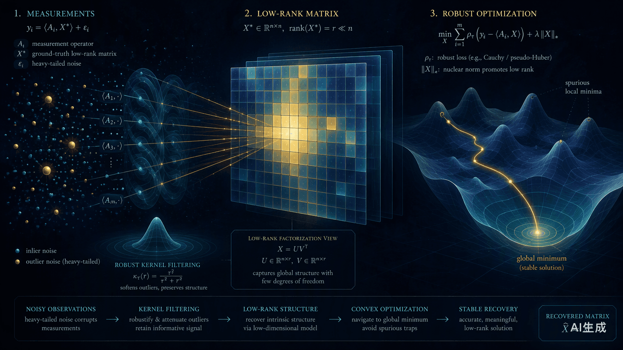 Matrix Sensing with Kernel Optimal Loss: Robustness and Optimization Landscape
