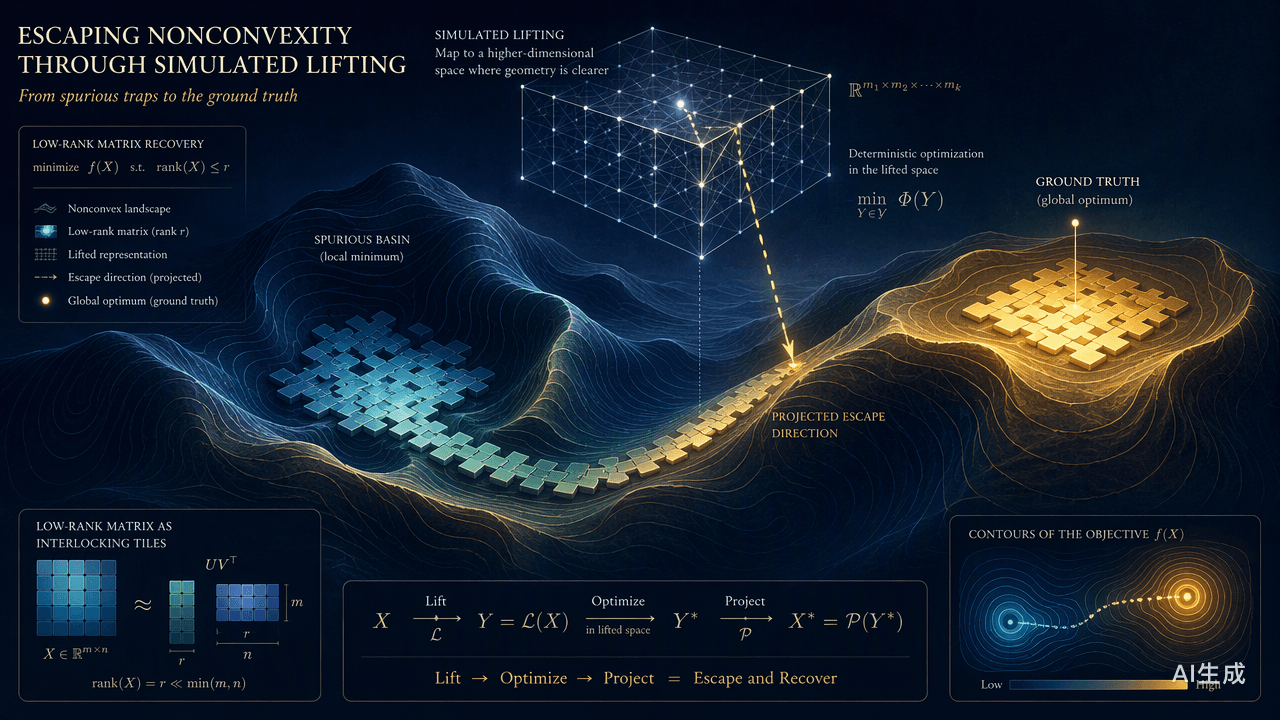 Escaping Local Minima Provably in Non-convex Matrix Sensing: A Deterministic Framework via Simulated Lifting